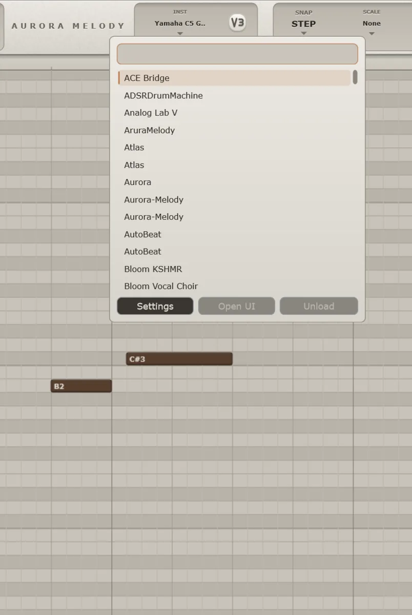 Aurora Melody instrument browser loading a SoundFont or VST3 instrument.