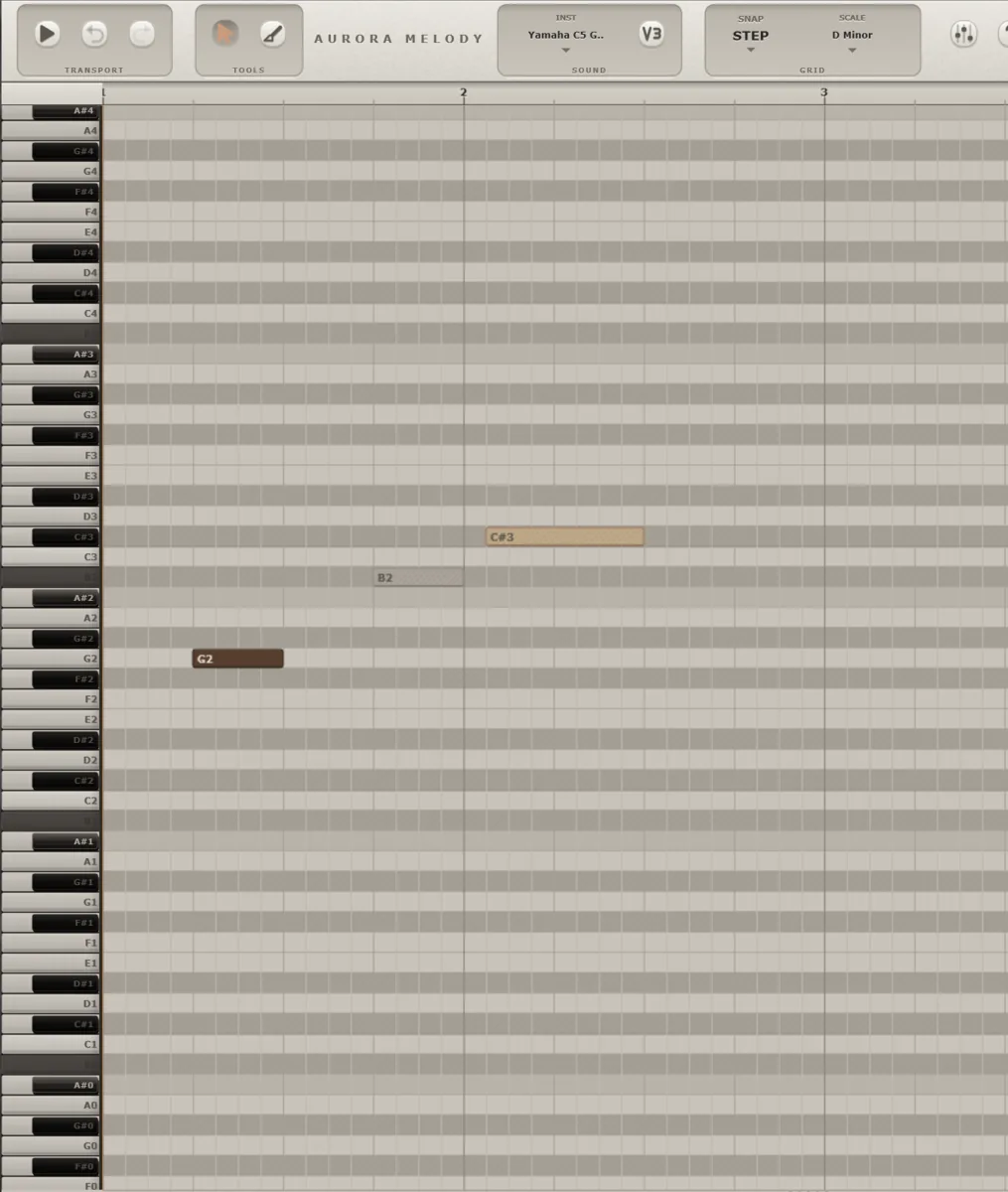 Aurora Melody piano roll with notes locked to D Minor across the grid.