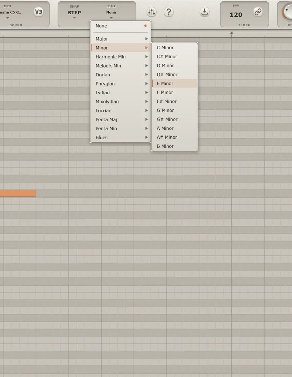 Aurora Melody scale menu — choosing E Minor to lock every generated note to the key.